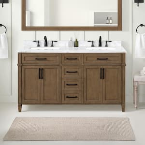 Caville 60 in. Double Sink Almond Latte Bath Vanity with Carrara Marble Top and Integrated Power Outlet (Assembled)