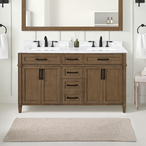 Home Decorators Collection Caville 60 in. W x 22 in. D x 34 in. H Double Sink Bath Vanity in Almond Latte with Carrara Marble Top with Outlet