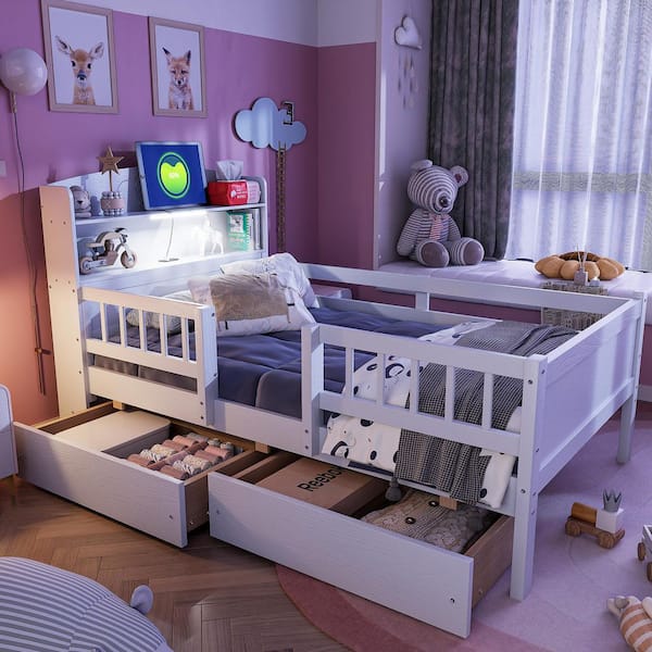 White Wood Frame Twin Size Platform Bed with Built-in LED Light, 2 Drawers, Shelves, Full-Length Guardrail