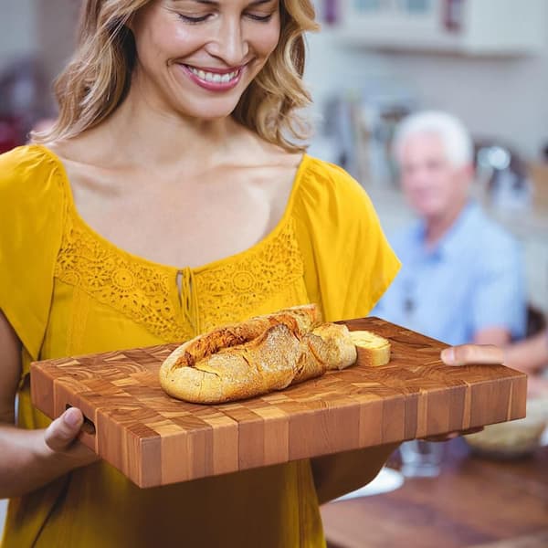 18 in. x 12 in. Rectangular Teak Wood End Grain Cutting Board Chopping Block with Hand Grip