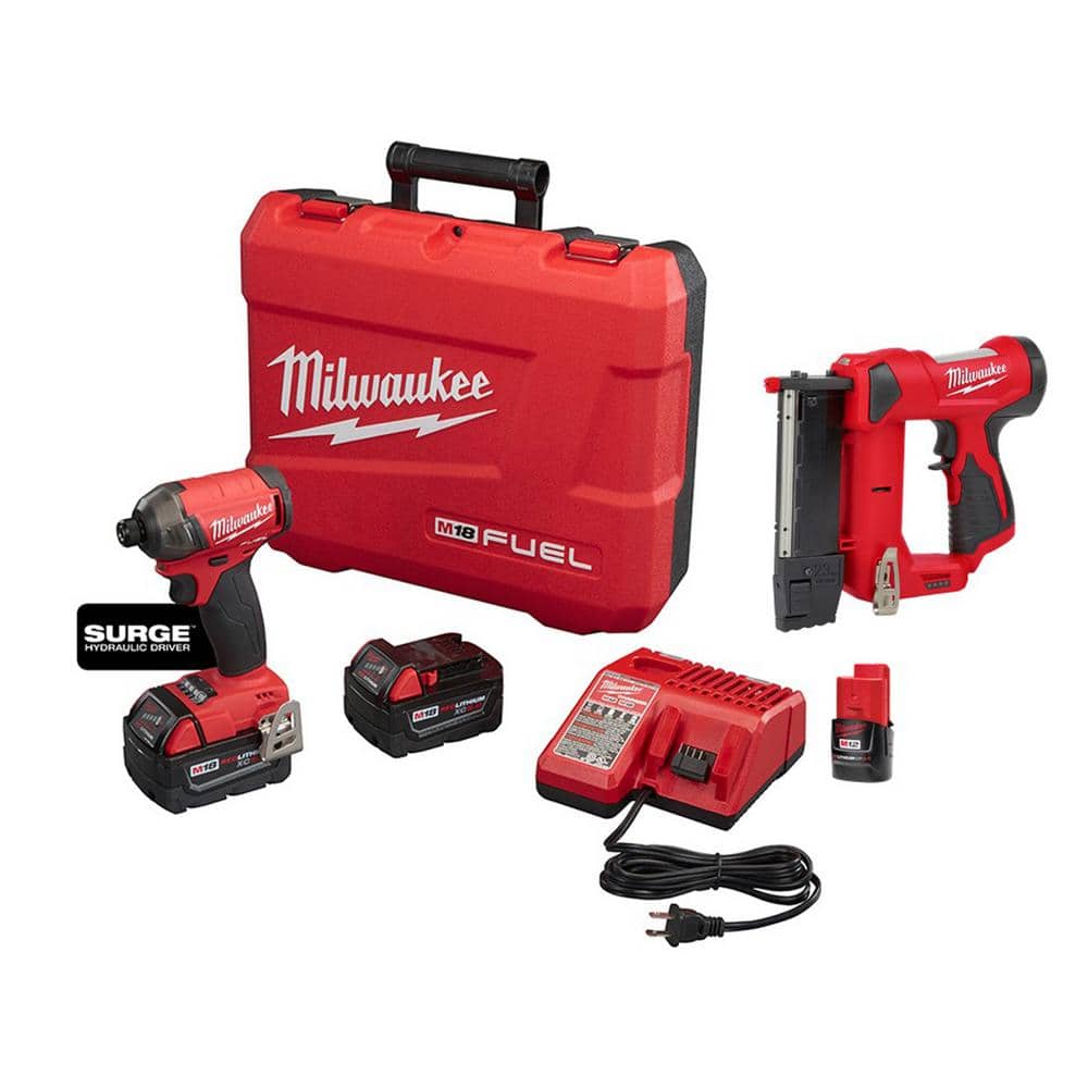 Milwaukee M18 FUEL SURGE 18V Lithium-Ion Brushless Cordless 1/4 in. Hex Impact Driver Kit with M12 Pin Nailer & 2.0 Ah Battery -  2760-22-nailer
