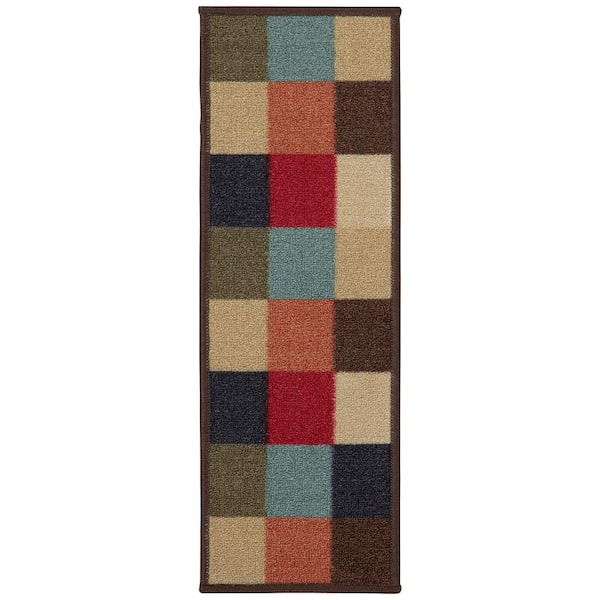 Ottomanson Ottohome Collection Non-Slip Rubberback Checkered Design 8.5 in. x 26 in. Indoor Stair Treads, 7 Pack, Multicolor