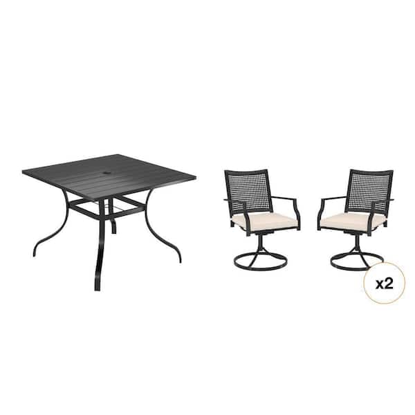 Square Patio Dining Table with Umbrella Hole and Metal Swivel Chairs Set (3 Piece)