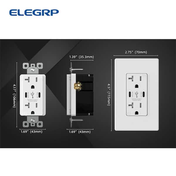 ELEGRP USB Outlets Receptacles, 3-Port USB C Wall Outlet, 30W 6.0A USB Electrical  Outlet