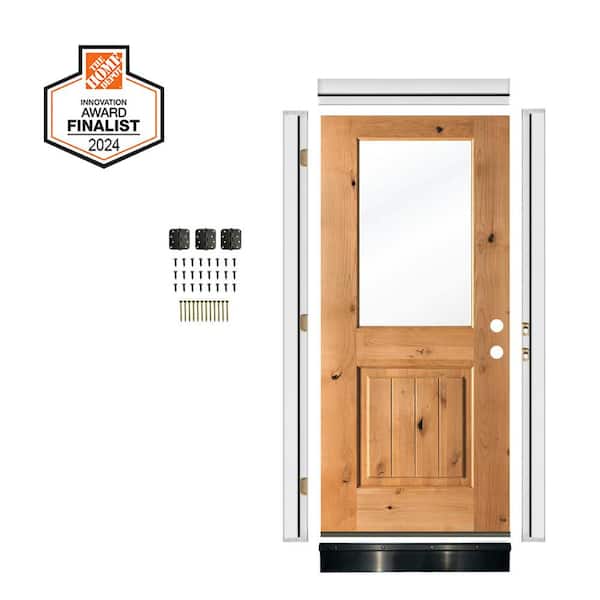 DIY 32in.x80in. Left-Handed Half Clear Glass Window Clear Stain Knotty Alder Wood Front Door Kit w/ Quick Assemble Jamb