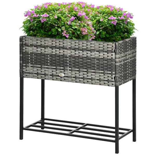 Otryad 28 in. L x 12 in. W x 28 in. H Gray Rattan Raised Garden Bed, Outdoor Elevated Planter Box with Tool Storage Shelf