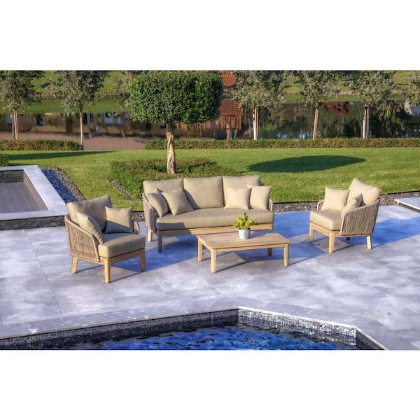 Eve 4-Piece Patio and Backyard Wood Aluminum and Rope Conversation Set in Grey