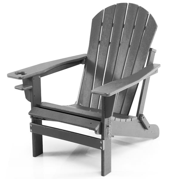 Costway Grey Patio Folding Plastic Adirondack Chair HDPE All-Weather Pull-Out Ottoman