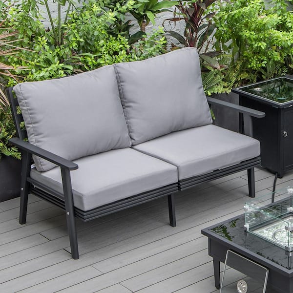Leisuremod Walbrooke Black 1-Piece Metal Outdoor Loveseat with Grey Cushions