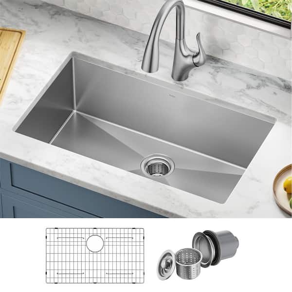 Kraus KHU100-32-100-75MB Stainless Steel Standart PRO 32 Undermount Single  Basin Stainless Steel Kitchen Sink with Basin Rack, Basket Strainer,  Garbage Disposal, and NoiseDefend Technology 