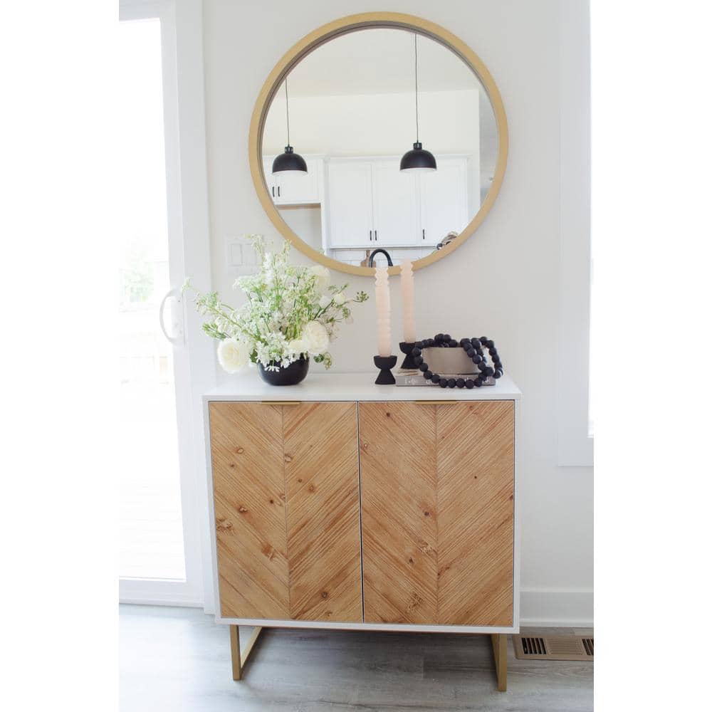 White and Brown Herringbone Freestanding Accent Cabinet with Adjustable Shelving