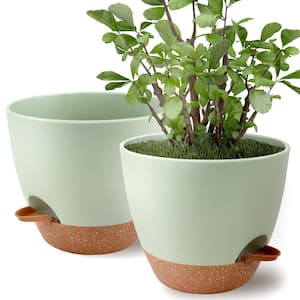 9 in. Brown and Green Plastic Flower Pots with Drainage Holes and Saucer (2-Pack)