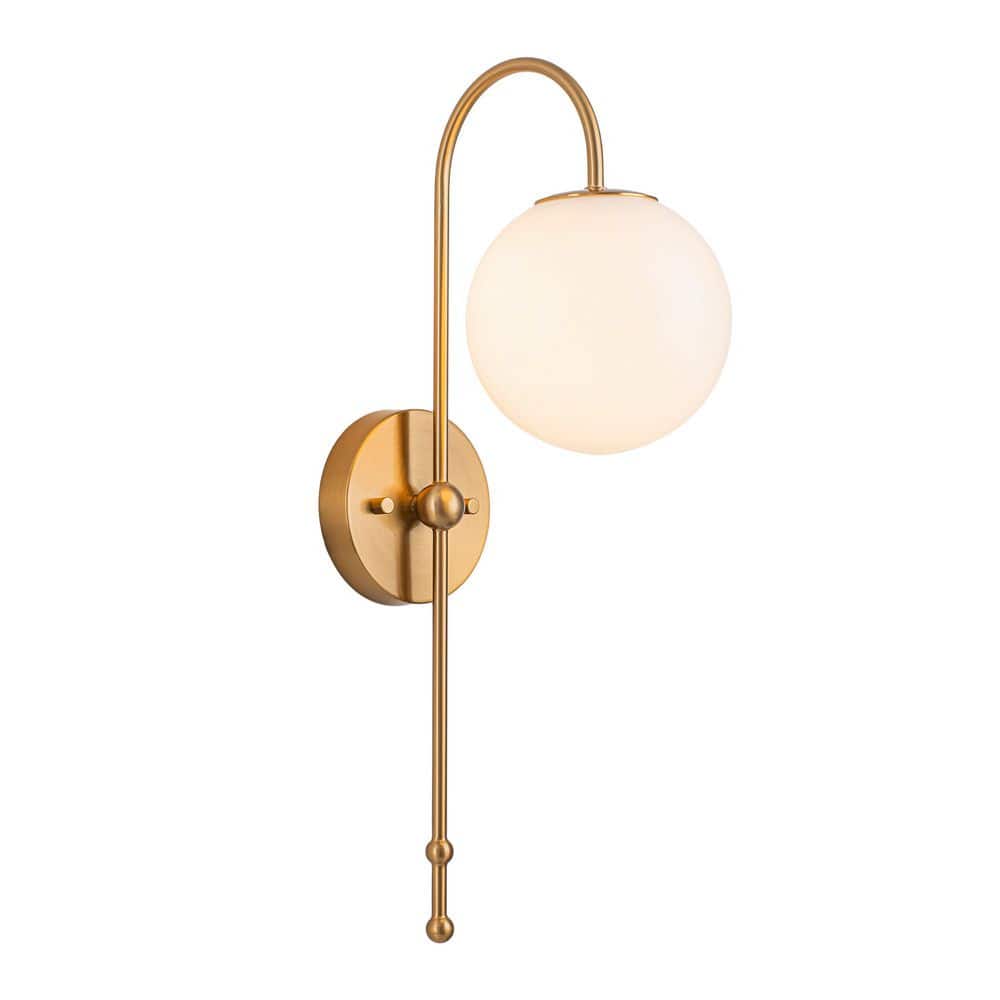 5.91 in. 1-Light Modern Brass Curved Arm Wall Sconce with White Glass Shade for Bedroom Living Room Bathroom price history on PriceWatchPro