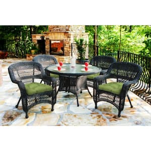 Portside 5-Piece Dark Roast Wicker Outdoor Dining Set with Husk Hunter Cushions (Wicker Chair and Dining Table Bundle)
