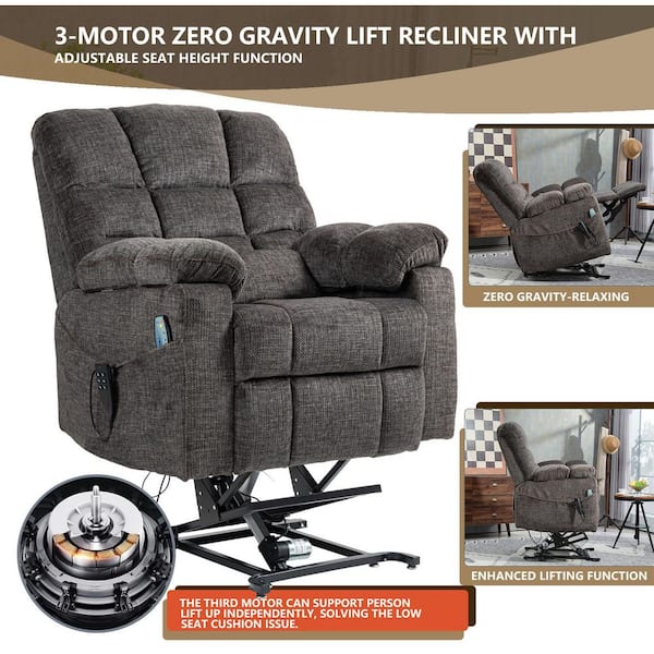 Grey 3-Motor Zero Gravity Power Lift Recliner with Armrest Storage, Massage and Heating