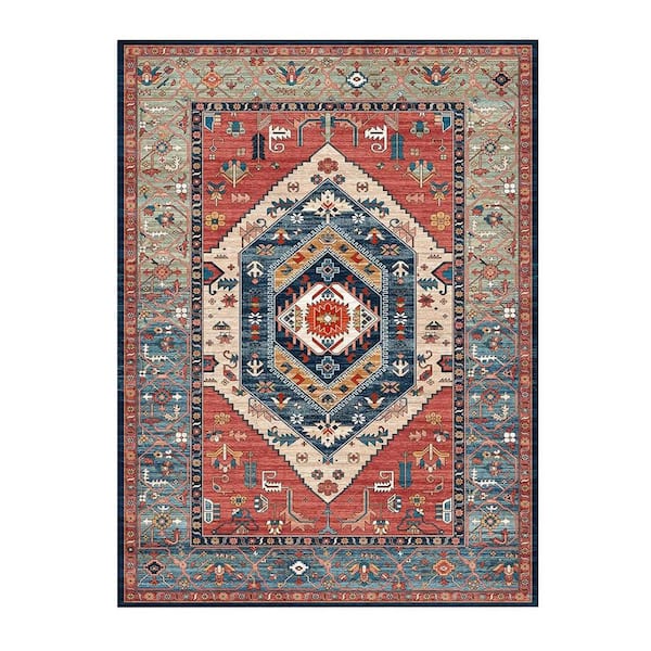6 ft. x 9 ft. Multi-Colored Boho Area Rug Non-Slip Washable Large Living Room Rust Rug