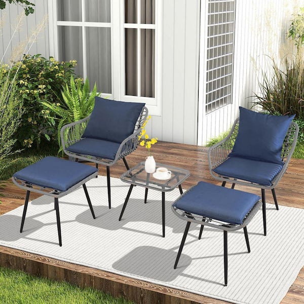 Gray 5-Piece Wicker Outdoor Bistro Set with Washed Blue Cushion