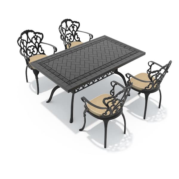 5-Piece Black Cast Aluminum Outdoor Dining Set with Off-White Cushions