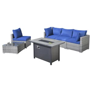 Messi Gray 6-Piece Wicker Outdoor Patio Conversation Sectional Sofa Set with a Metal Fire Pit and Navy Blue Cushions