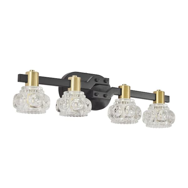 24 in. 4 Light Black Bathroom Wall Mounted Vanity Light with Crystal Glass Shades (Bulb Not Included）