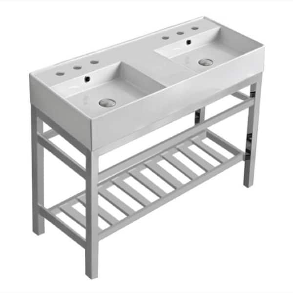 Teorema 2-Ceramic Console Double Sink Basin in White with Chrome Legs