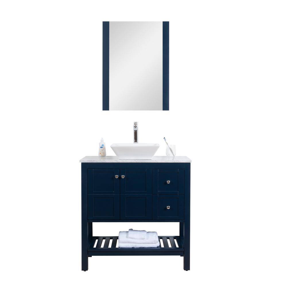 Manhattan 36 in. W x 18 in. D Vanity in Navy with Marble Vanity Top and