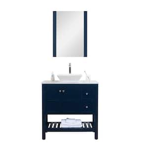 Manhattan 36 in. W x 18 in. D Vanity in Navy with Marble Vanity Top and White Basin and Mirror