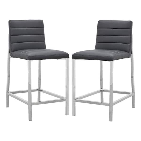 Benjara 34 in. Gray and Chrome Low Back Metal Frame Counter stool with Faux Leather Seat (Set of 2)