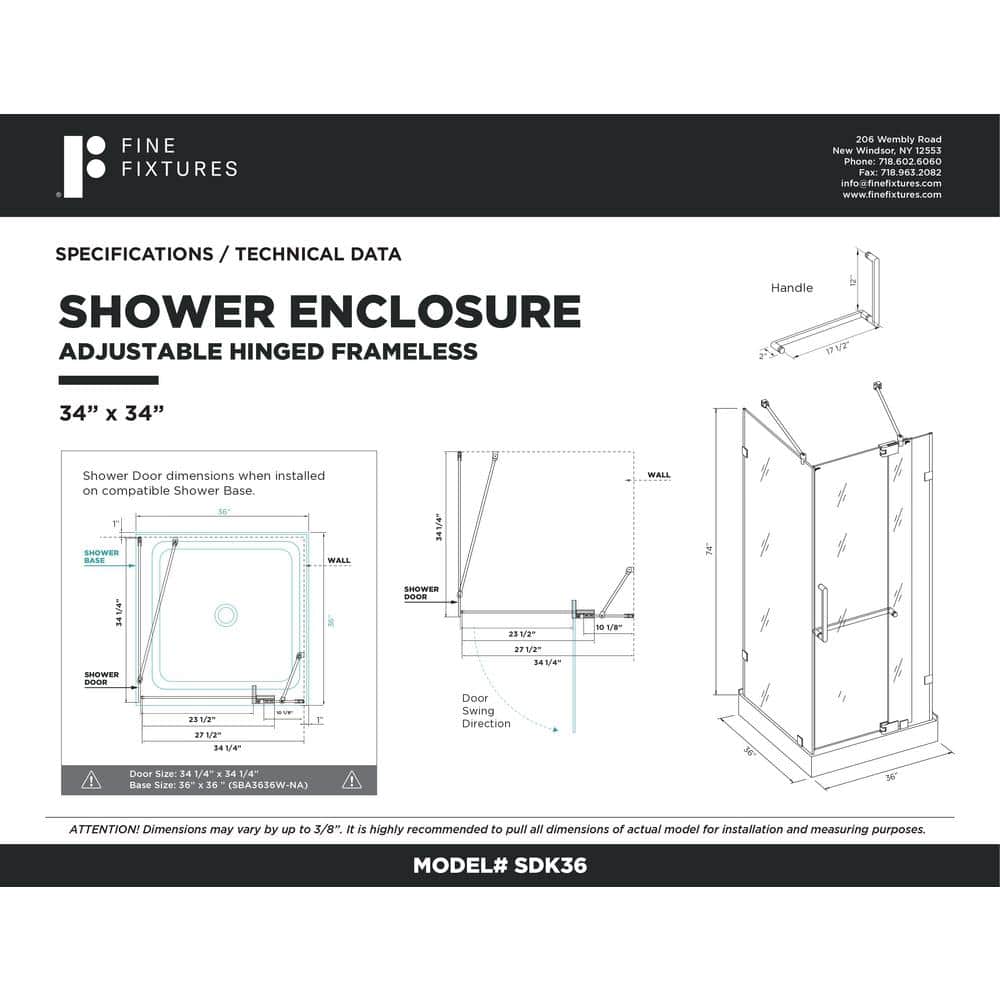 Black Tempered Glass Frameless Corner Shower Enclosure - 34" x 34" x 74"