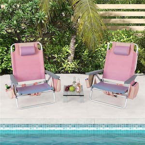 Pink Aluminum Folding Backpack Beach Chair with Storage Bag and Table (Set of 2)
