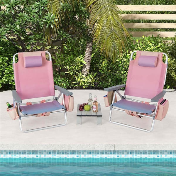 Pink Aluminum Folding Backpack Beach Chair with Storage Bag and Table (Set of 2)