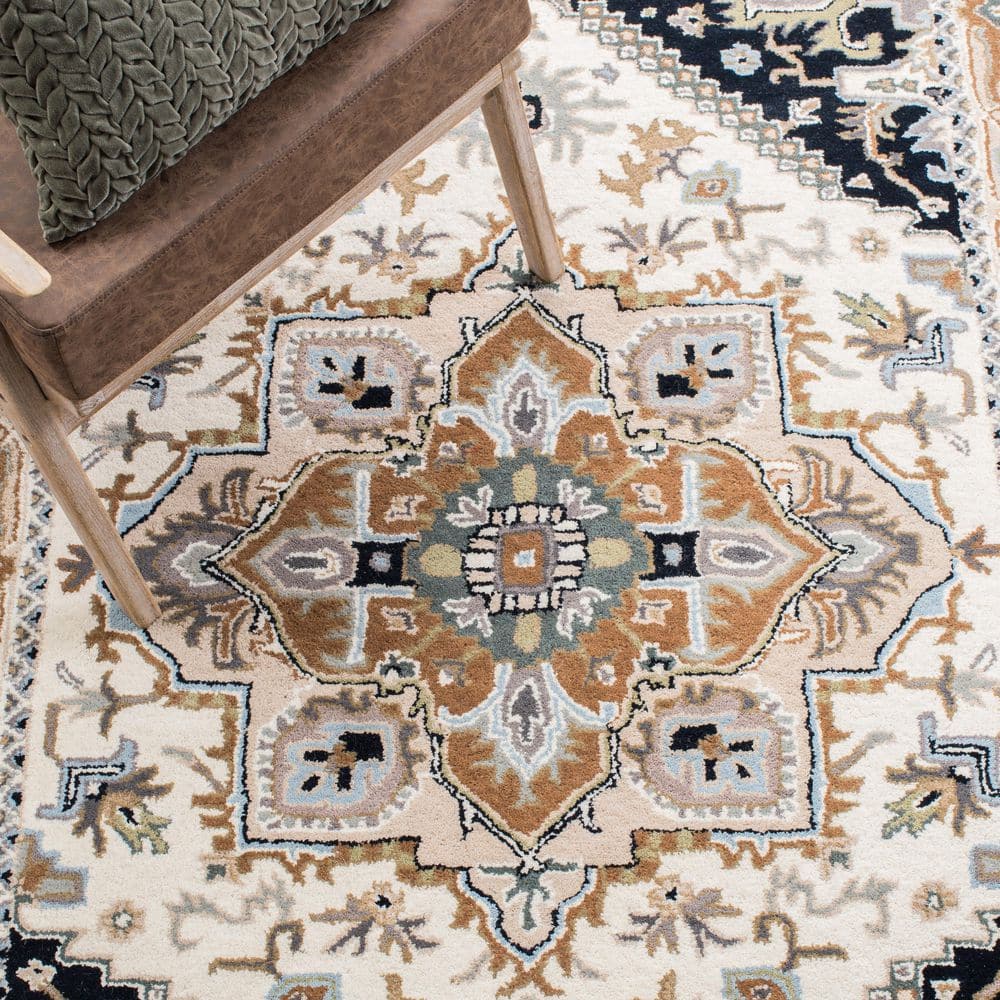 Beige and Navy Hand-Tufted Wool Square Area Rug 6' x 6'