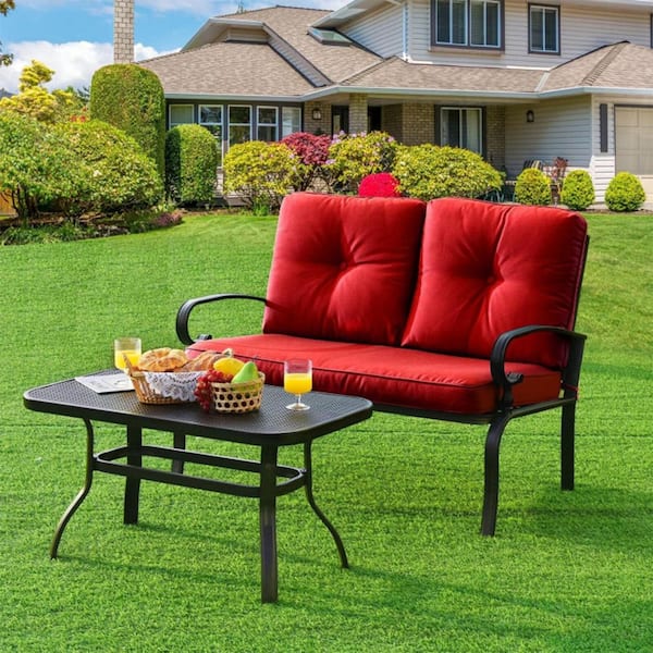 Kadehome 2-Piece Metal Frame Patio Conversation Set Loveseat Bench Coffee Table Furniture Set with Red Cushions
