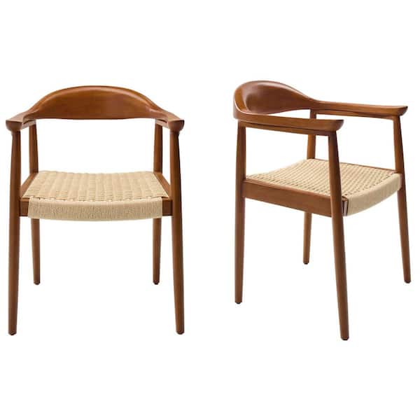 Rexton Light Walnut Wood Dining Chairs with Woven Rattan Seat and Arms (Set of 2)