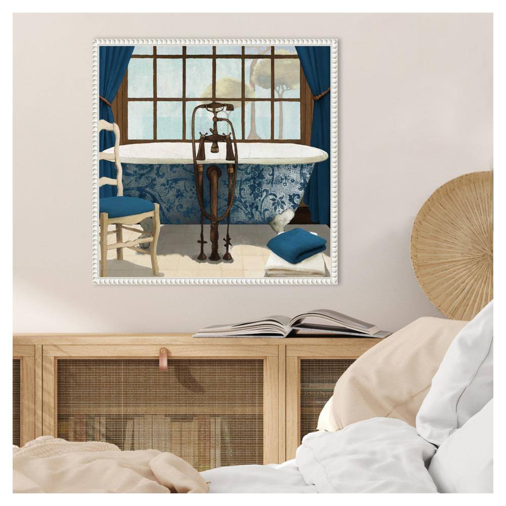 Blue and White Framed Canvas Wall Art with Bathtub Scene