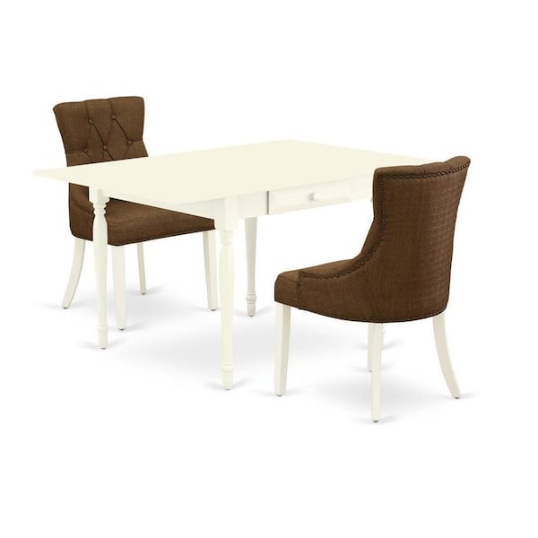 East West Furniture 3-Piece Linen White Finish Solid Wood Top with Dropleaf Dining Table Set
