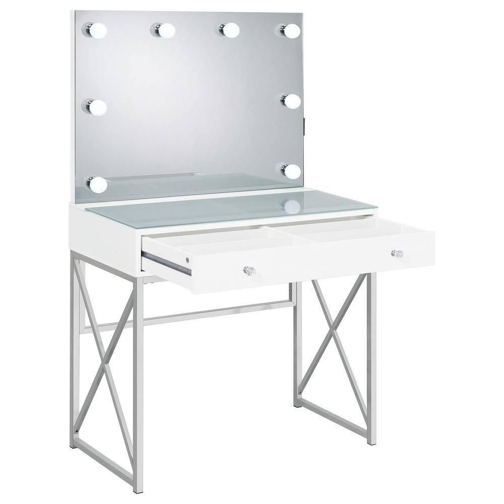 White and Chrome Vanity Set with Lighted Mirror and Bench