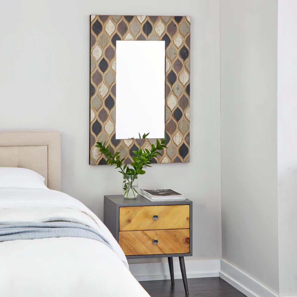 Beige Farmhouse Wood Wall Mirror with Diamond Pattern 28" x 40"