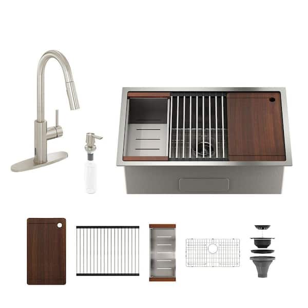 30 in. Undermount Single Bowl 18-Gauge Brushed Stainless Steel Kitchen Sink with Pull-Down Faucet and Accessories Kits
