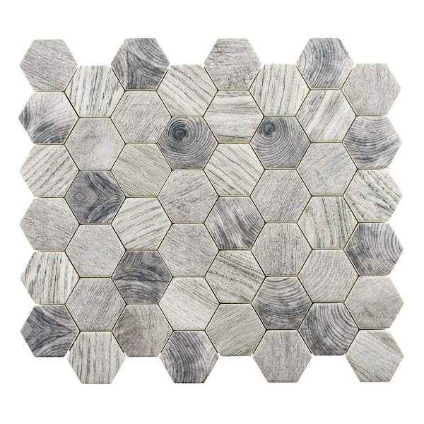 ANDOVA Terrain Ashwood Gray/Dark Gray 4.5 in. x 8.25 in. Hexagon Wood-Look Smooth Glass Mosaic Tile Sample