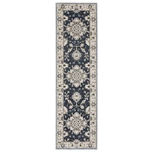 Edgewater Blue/Beige 2 ft. x 8 ft. Traditional Bordered Oriental Floral Polyester Indoor Runner Area Rug