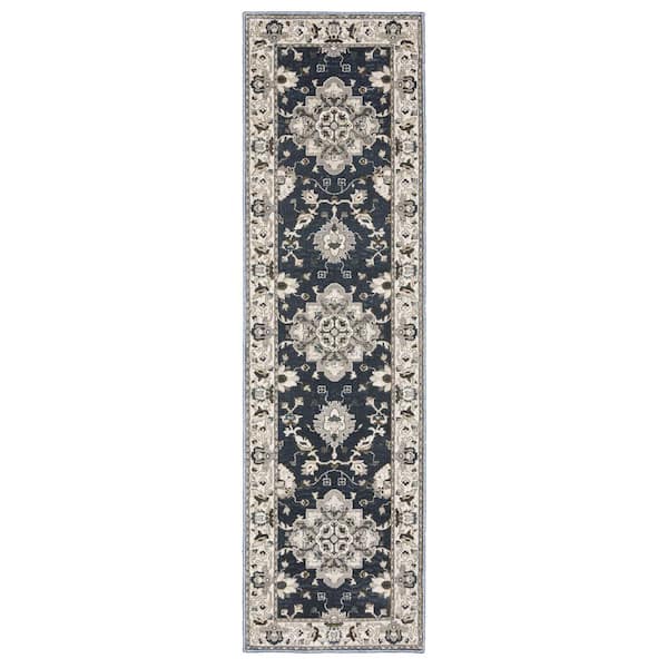 AVERLEY HOME Edgewater Blue/Beige 2 ft. x 8 ft. Traditional Bordered Oriental Floral Polyester Indoor Runner Area Rug