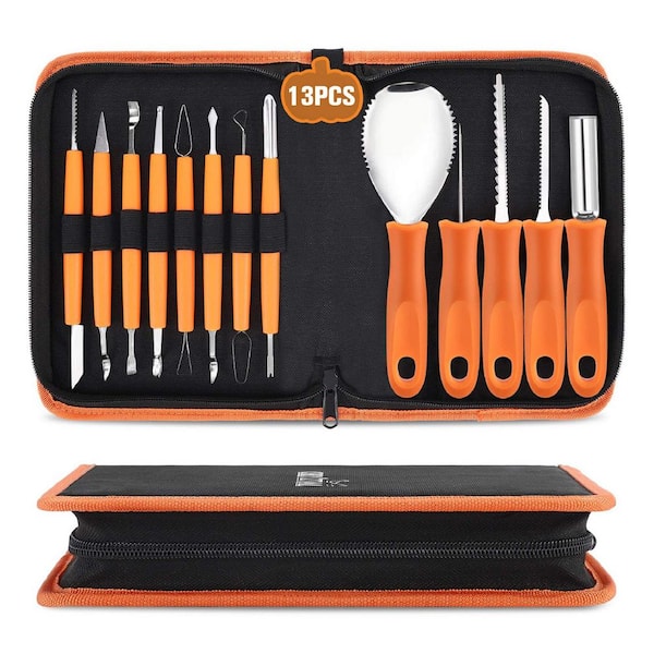 Professional Pumpkin Carving Kits w/13-Piece Stainless Steel Tools Including Double-Sided Sculpting Tools Saw Scooper