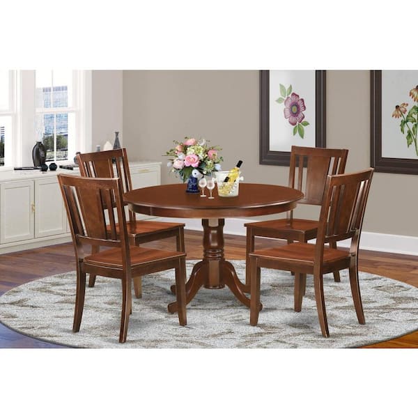 East West Furniture 5-Piece Round Mahogany Finish Solid Wood Top Dining table with 4 Chairs with Lattice Back
