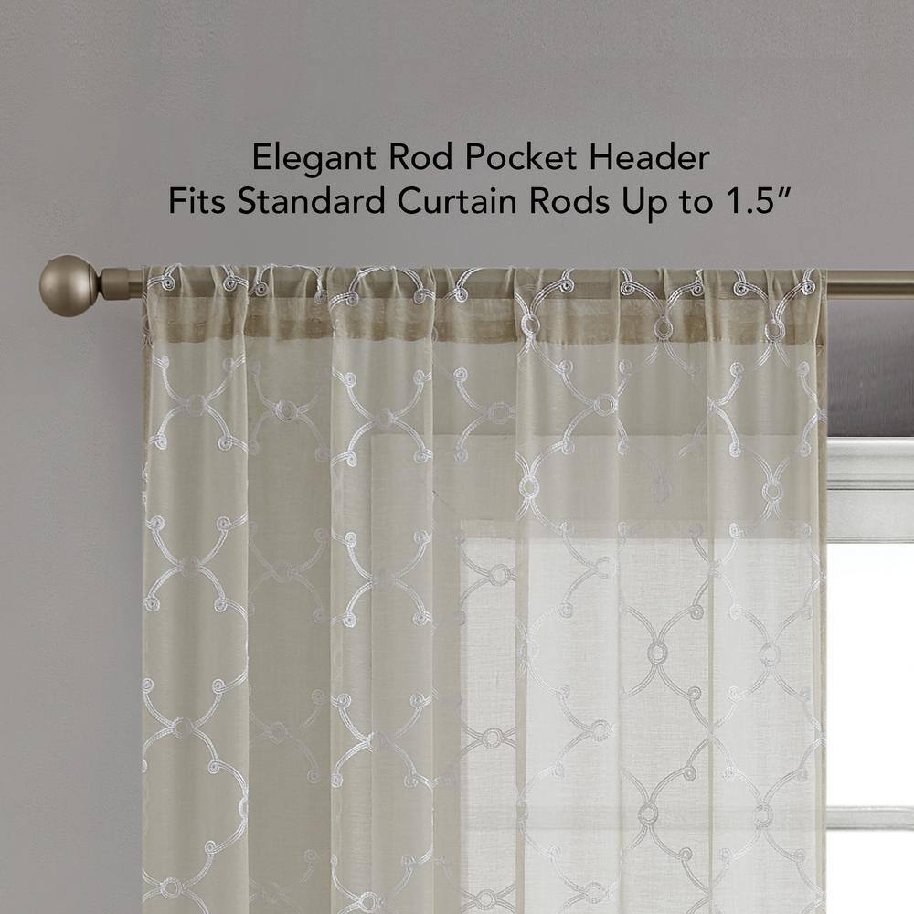 Selena Beige Embroidered Sheer Linen Window Panels, 38" x 84"