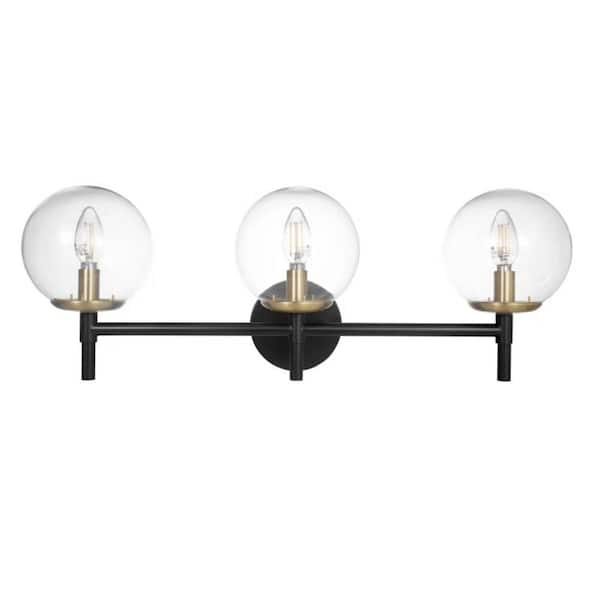 25 in. 3 Light Matte Black Round Vanity Light with Clear Glass Shade
