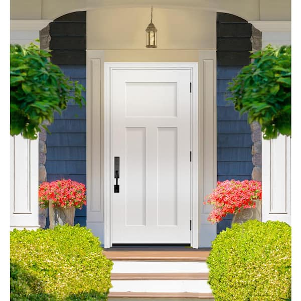 Legacy 36 in. x 80 in. 3 Panel Craftsman LHOS Unfinished White Fiberglass Prehung Front Door with 4-9/16 Jamb