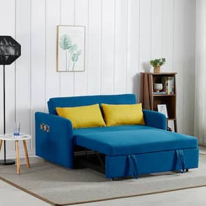 55.5 in. Retro Blue Polyester Twin Size Sofa Bed with 2 Pillows, USB Socket and Side Pockets