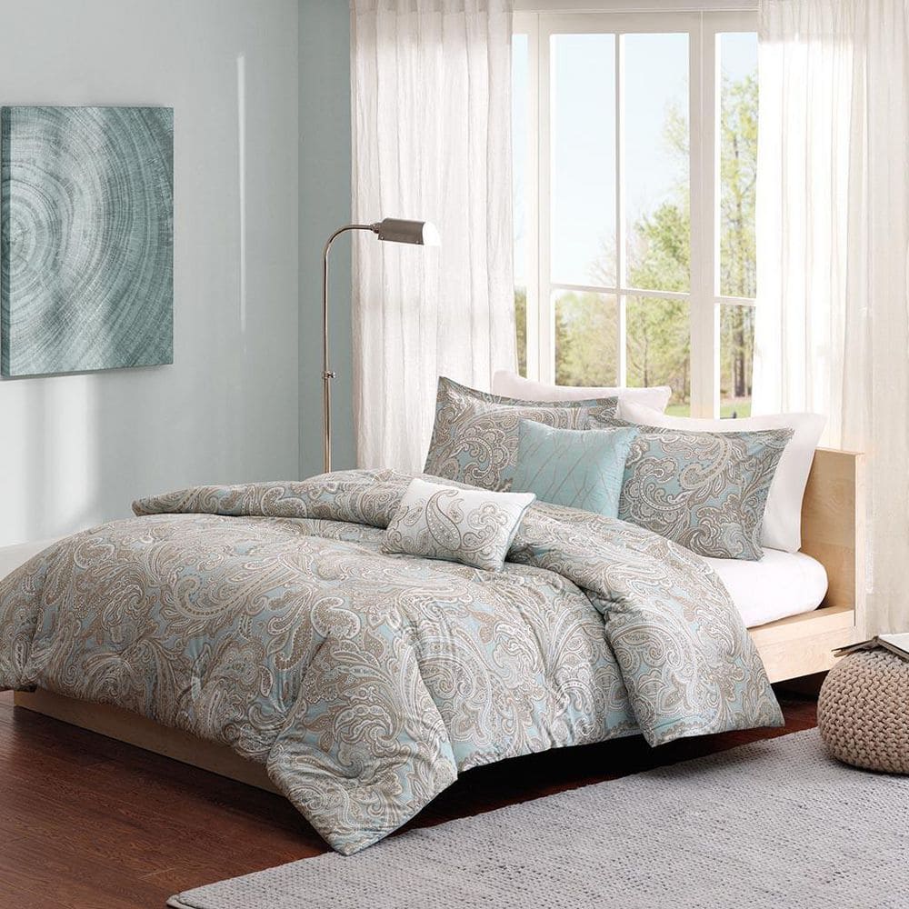 Organic Blue Cotton Full Bedspread Set with Gathered Embellishment