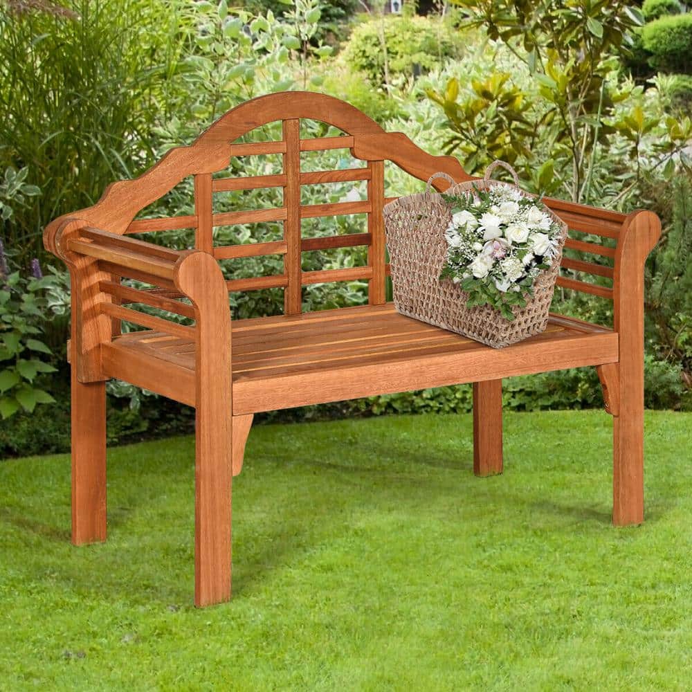 49" Eucalyptus Wood Outdoor Folding Bench with Backrest and Armrest